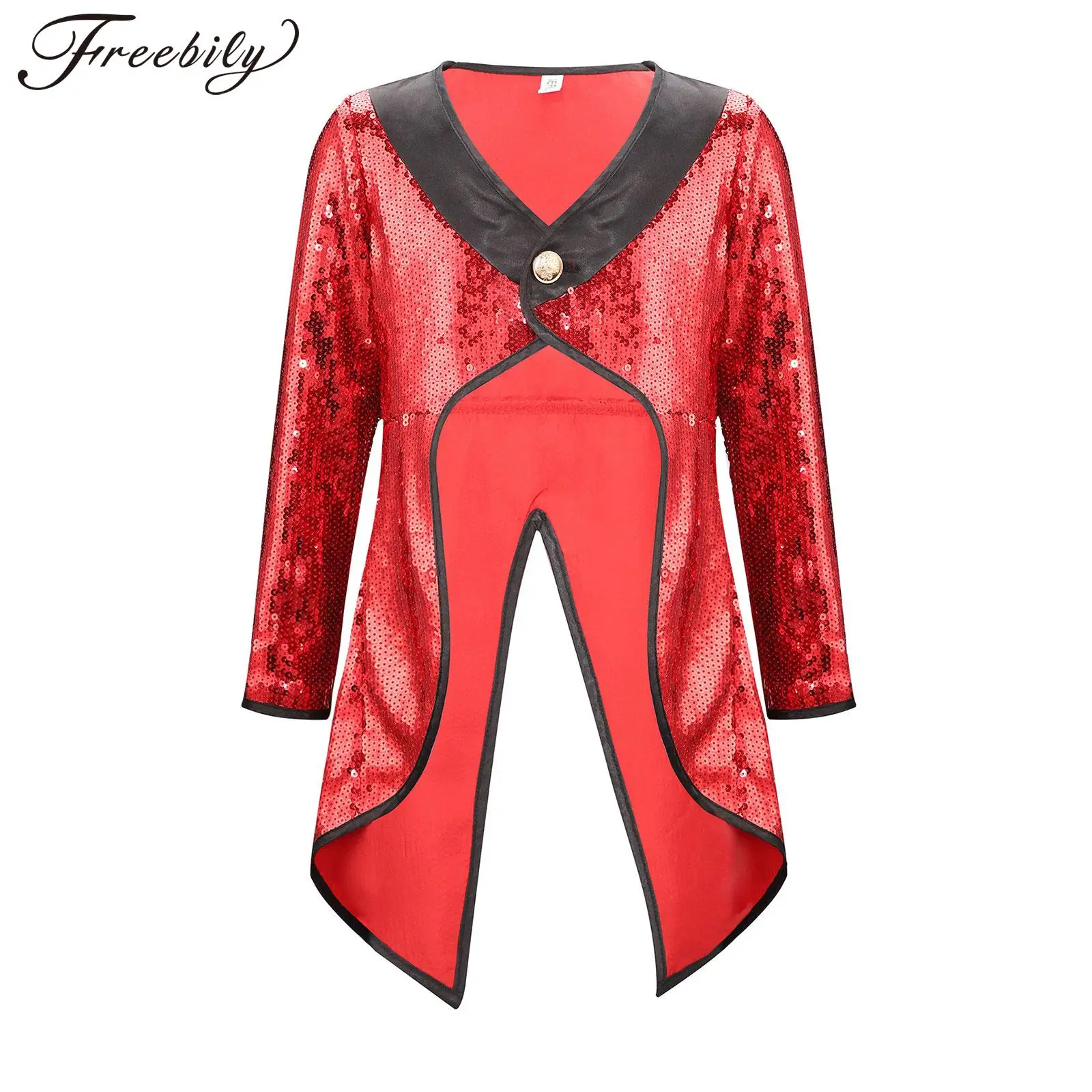 

Kids Halloween Circus Ringmaster Magician Cosplay Performance Costume Long Sleeve Shiny Sequins Tailcoat for Carnival Masquerade