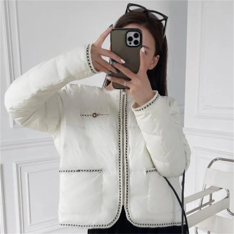 New short down women\'s fashion round neck zipper white duck down jacket