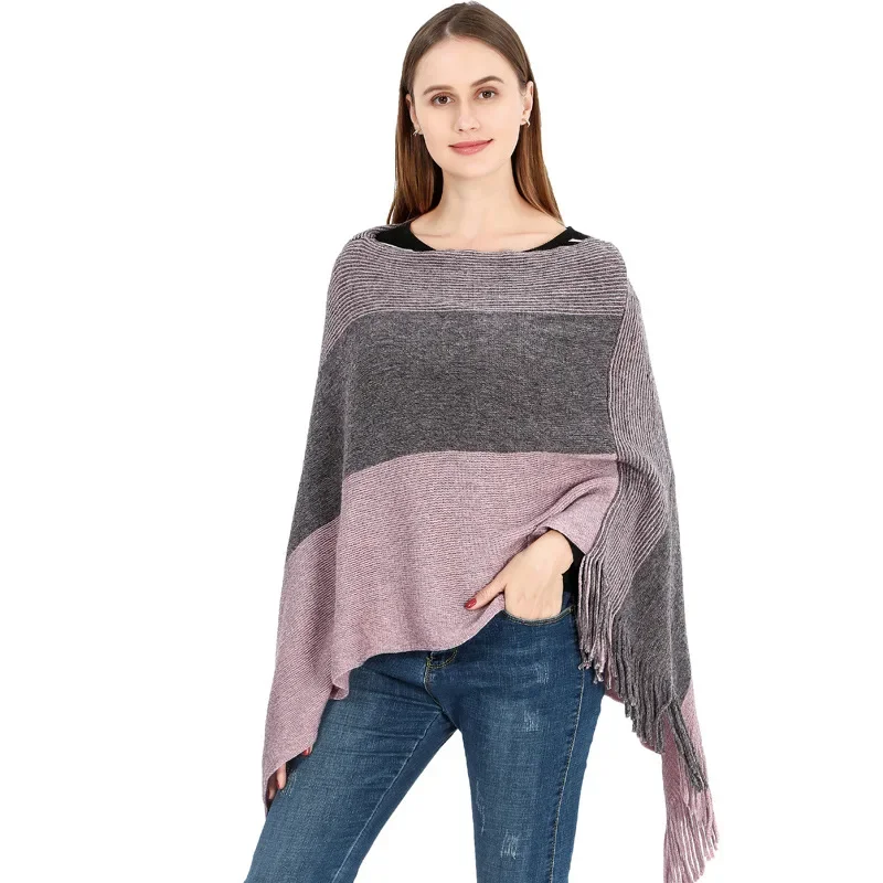 

2024 New Autumn Winter Knitted Shawl Women's Spring Multipurpose Pullover Cape Warm Tassel Cape Lady Stripe Ponchos Pink