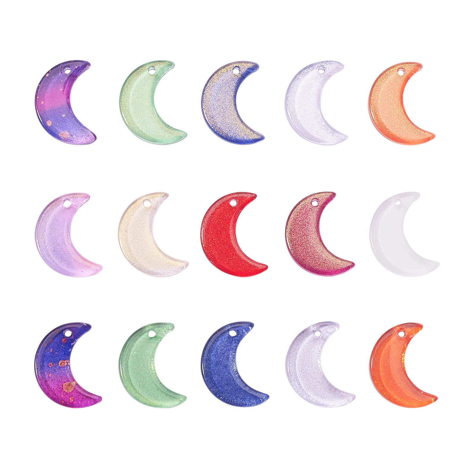 200Pcs  10 Colors Transparent Moon  Glass Beads, with Glitter Powder, Top Drilled, For Jewelry Craft Making DIY Necklace