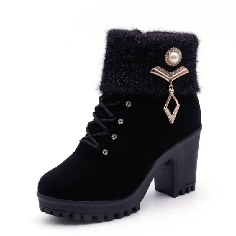 Women's Designer High Heels Shoes 2023 Winter New Warm Non-slip Block Cow Suede Warm Snow Boots Fashion Crystal Plush Goth Botas