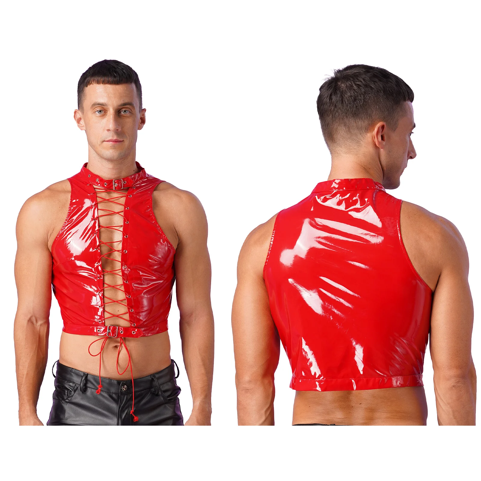 thumbnail image 1 of Top corto Rave sin mangas con cordones y ojales calados para hombre para baile en barra, chaleco de charol con aspecto húmedo, Tops, ropa gótica Punk para discoteca, 1 of 5