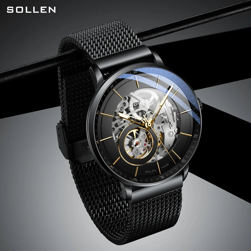 SOLLEN fully automatic mechanical men's watch hollowed out watch all steel mesh with business men's