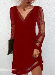 Vestido pulóver con mangas laterales de encaje de color puro para mujer, ropa con cuello en V, novedad de primavera 2022