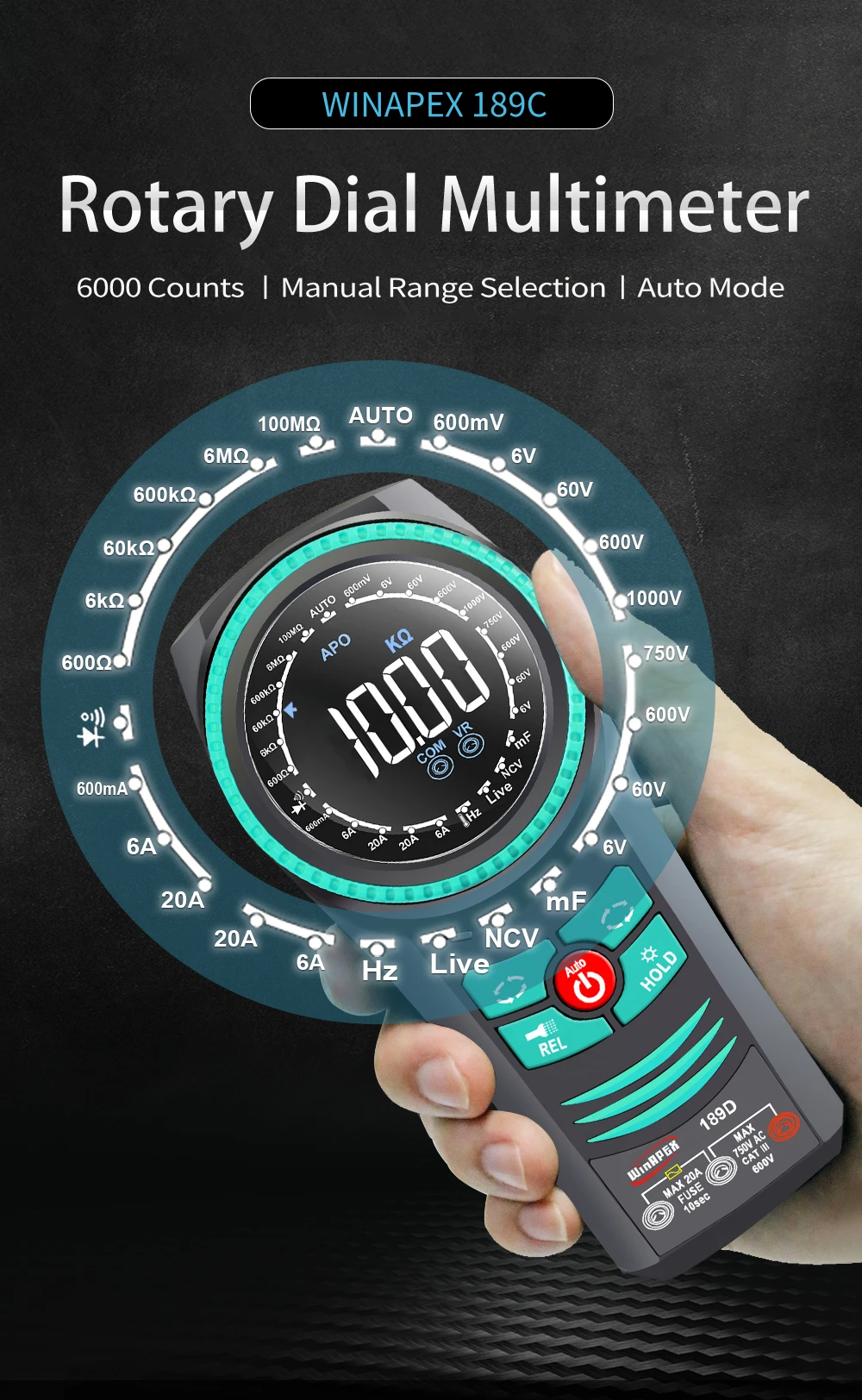 WINAPEX Smart Rotary Dial Multimeter 6000 Counts True RMS High Brightness Color