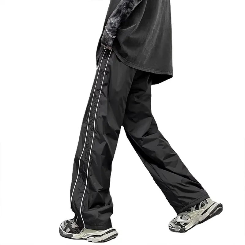 KPOP Fashion Style Harajuku Slim Fit Sweat Pants Loose All Match Casual Pants Stripe Pockets Straight Cylinder Wide Leg Pants