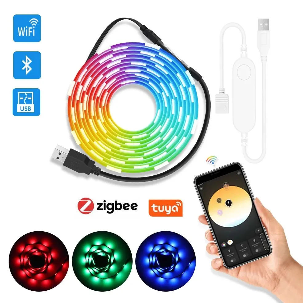 

Светодиодные лампы с поддержкой Bluetooth, Wi-Fi, USB, Светодиодная лента Zigbee Smart RGB 5050 SMD, настольная подсветка экрана телевизора, украшение для рождественской комнаты