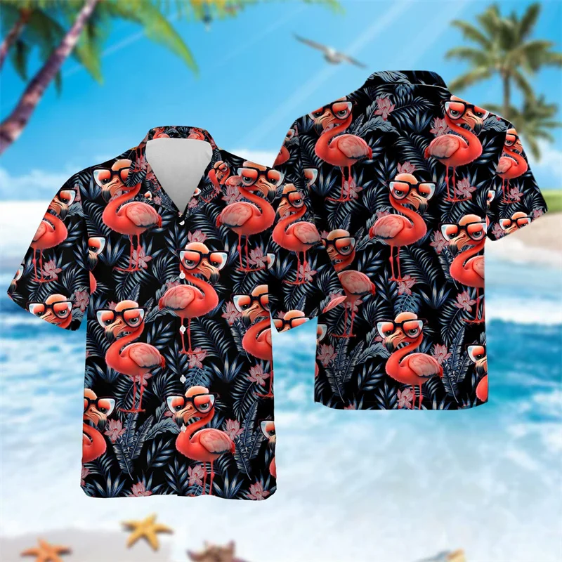 

Hip Hop Hawaiian Flamingo 3D Printed Beach Shirts Aloha Animal Short Sleeve Vacation Women Lapel Blouse Fashion Button Y2k Tops