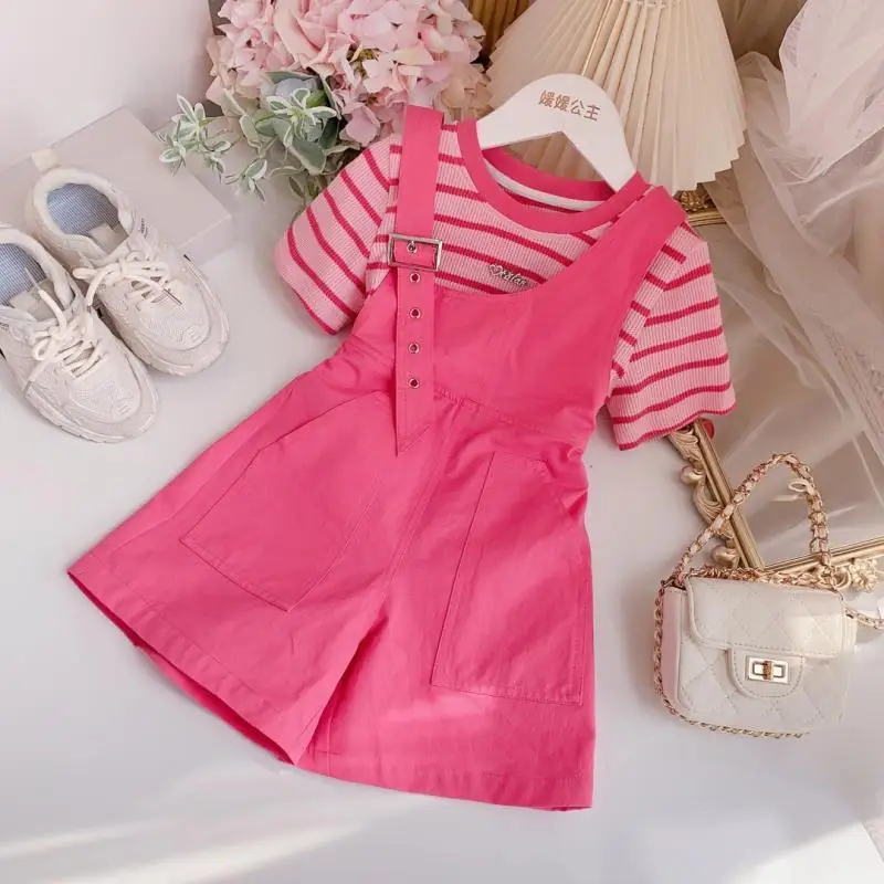 

Girls' Suit Summer New Children's Striped Short-sleeved T-shirt + Solid Color Suspenders Two-piece Set Girls Clothes
