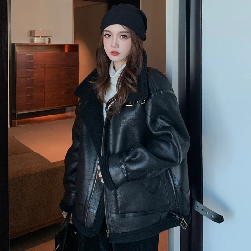 Forst Winter Women Leather Jacket with Shearling Lamb Fur 2023 New Faux Suede Coat Black Brown Thick Warm Motorcycle Top
