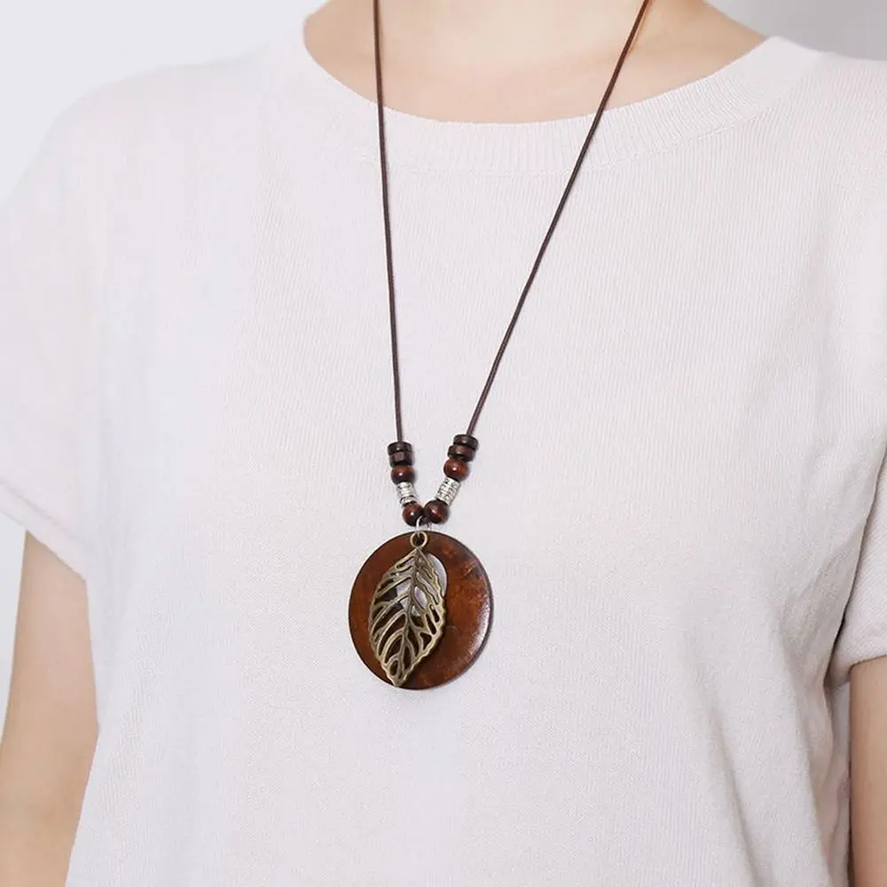Vintage Wooden Owl Pendant Necklace - Ethnic Long Chain Jewelry