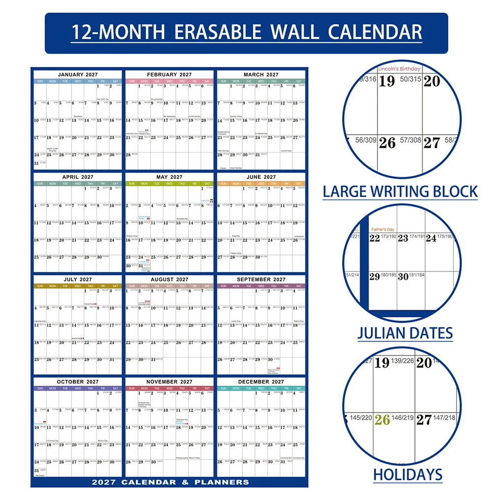 Calendario annuale 2027 extra grande 23x35 pollici, carta spessa di alta qualità, cancellabile, design robusto da appendere per camera da letto e soggiorno - immagine 5