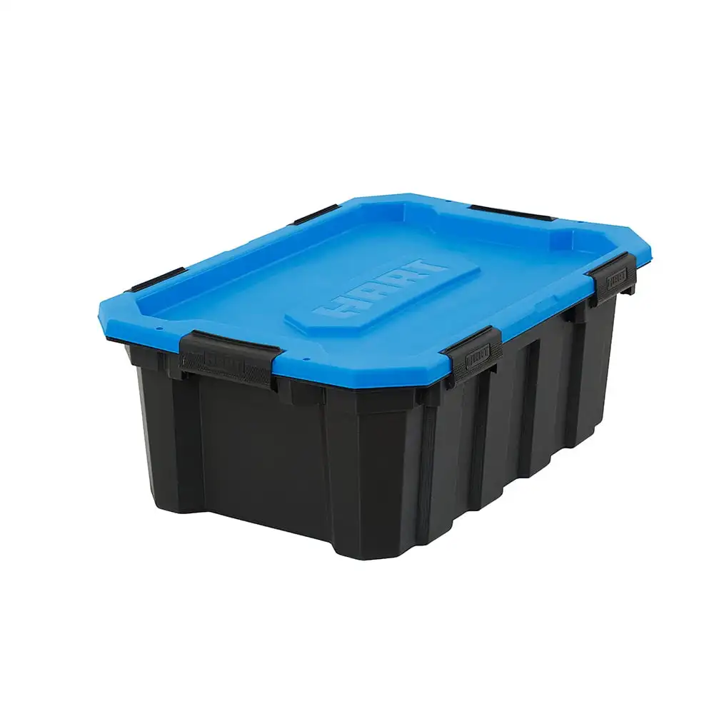 

18 Gallon Water Resistant Plastic Storage Bins, Black with Blue Lid