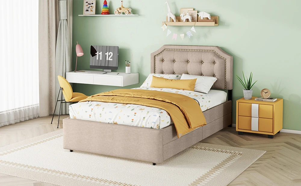 KOMHTOM 90x200 cm Flachbett, gepolstertes Bett mit Nachttischpolsterung und dekorativen Nieten, doppelte Schubladen, Dunkelbeige – Detail 3