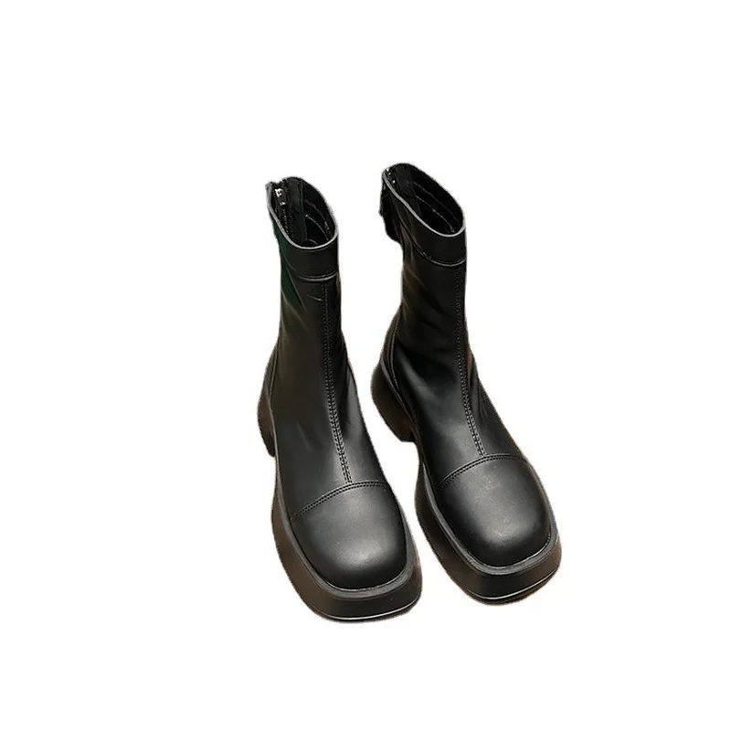 Women Fashion Mid-calf Boots 2022 Autumn Winter Korean Shoes Soft Leather Lace-up Platform Ladies British Style Chelsea Boots