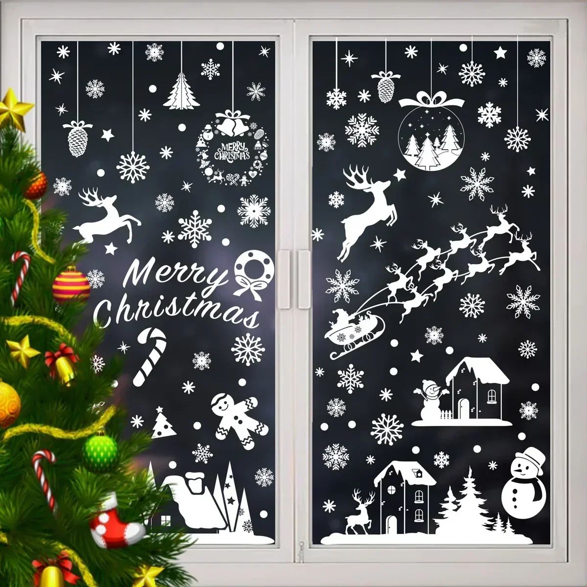 Christmas Static Clings Glass Films Elk White Snowflake Window Sticker Xmas Decorative Films Merry Christmas Decor For Home