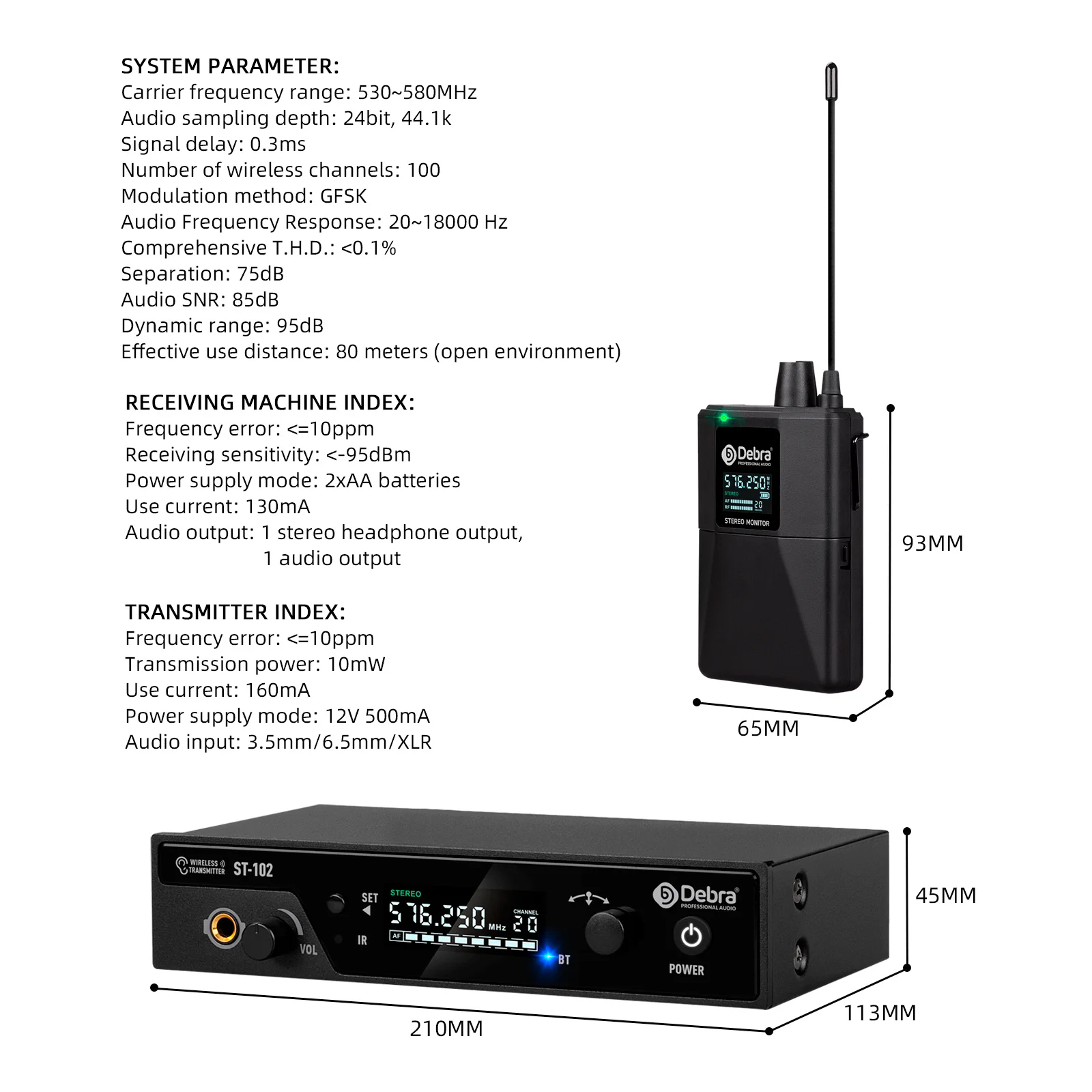 Debra Stereo IEM wireless in-ear monitor system ST-102 with Bluetooth UHF range 80-300m for stage, recording, instrument,drummer wireless in ear monitor