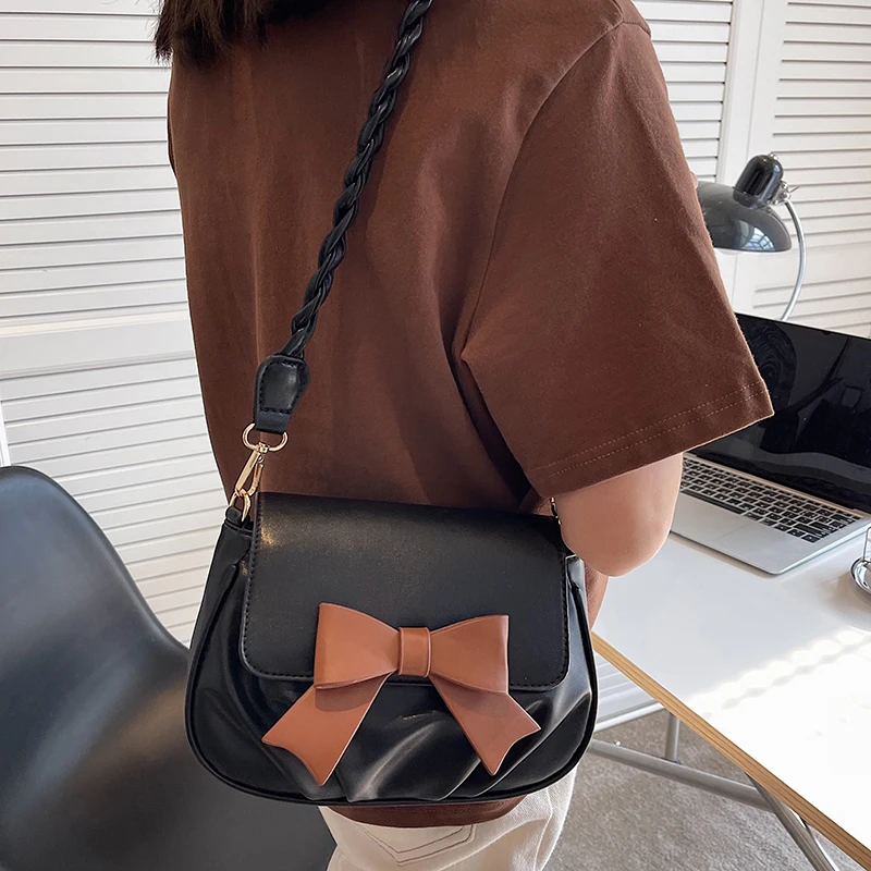

High Quality Women Pu Leather Shoulder Messenger Bag Designer Ladies Bow Small Handbags Travel Saddle Bag Fashion Crossbody Bag