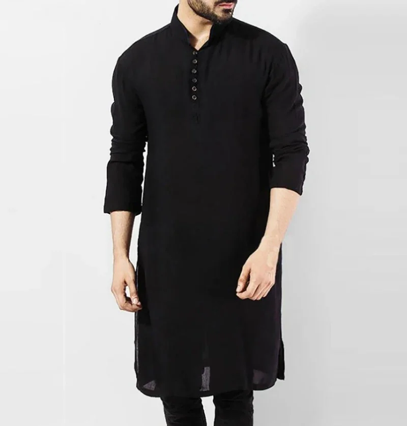 Vintage Loose Muslim Caftan Robes Men Long Sleeve Jubba Thobe Kaftan Prayer Casual Solid Pattern Islamic Saudi Arabic Clothing