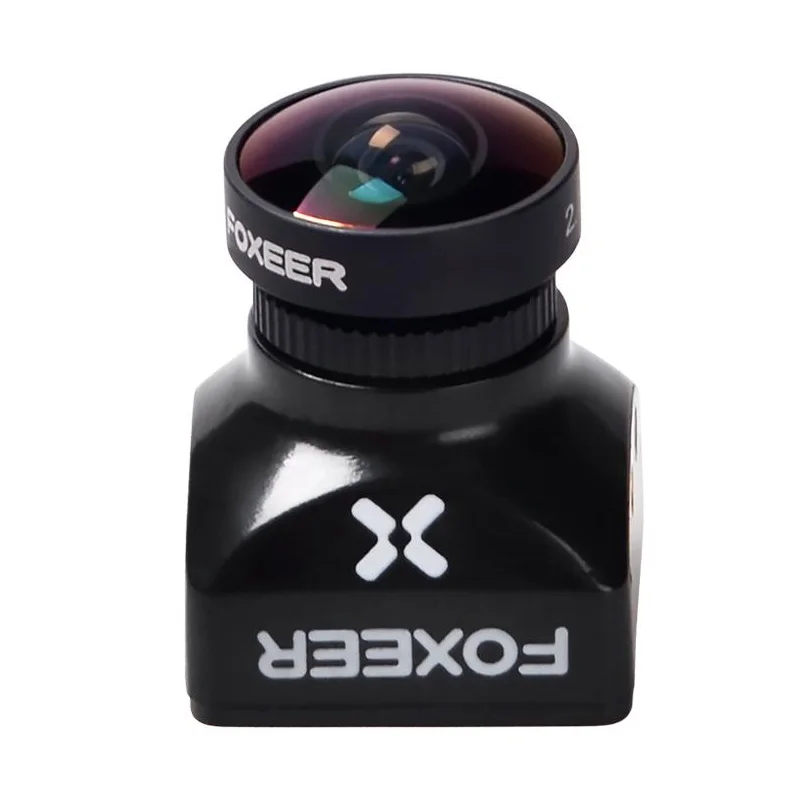 Vue de côté de la Foxeer Razer Mini Caméra FPV, avec ses connecteurs et son câblage visibles, parfaite pour le FPV racing.