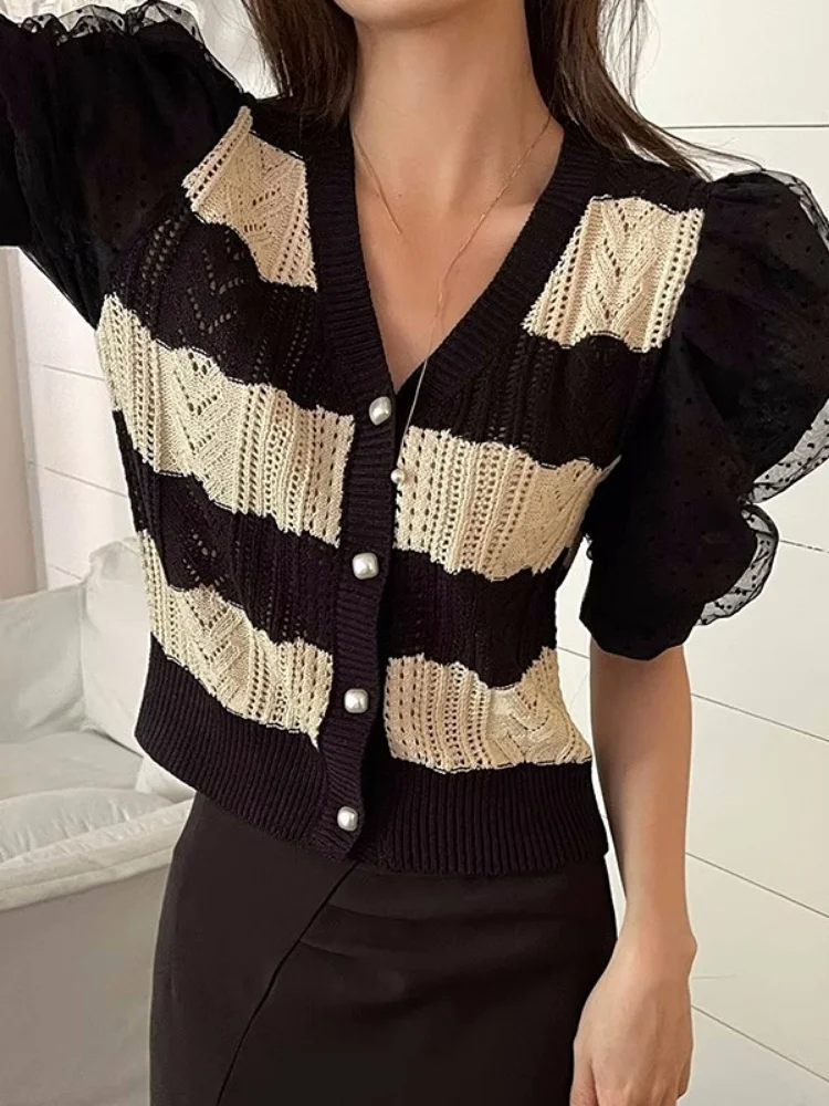 

Fashion Sweater for Women V-neck Puff Sleeve Tunic Sueter Mujer Korean Knitwear Sweet Stripe Cardigan Y2k Top Pull Femme