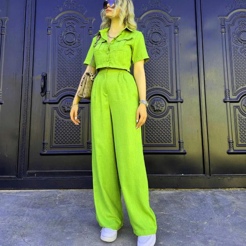 Fashion Solid Women 2 Pieces Sets Suits Spring 2024 Chic Office Lady Short Sleeve Shirt High Waist Wide Leg Pants Female
