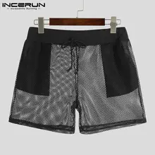 

INCERUN American Style New Men's Sexy Leisure Grid Pants See-through Drawstring Elastic Waist Casual All-match Shorts S-5XL 2021