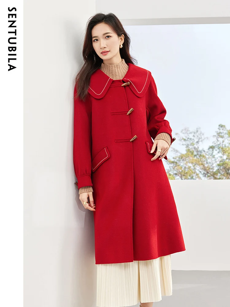 

SENTUBILA 100% Wool Long Woolen Coat Women 2023 Autumn Winter New Horn Button Lapel Collar Warm Overcoat Chinese Style W34O50303