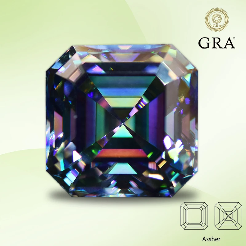 Moissanite Stone Rainbow Green Color Asscher Cut Gemstone Lab Creato Heat Diamond Per Charms Gioielli Da Donna Con Certificato Gra