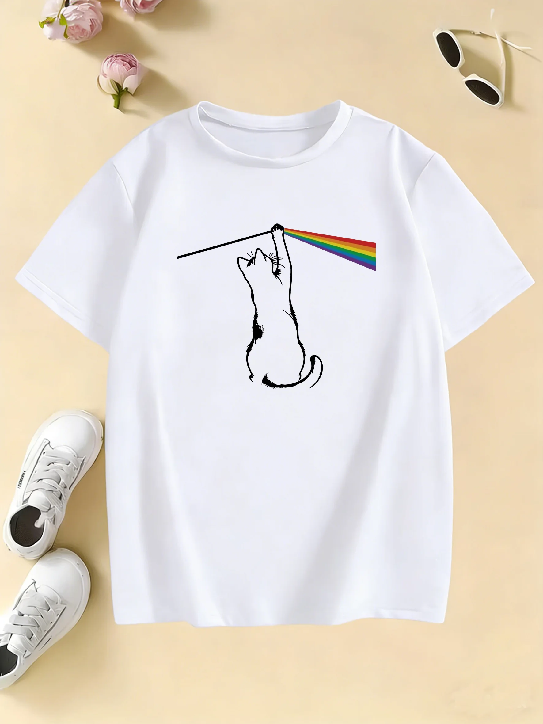 패션 레인보우 고양이 디자인 프린트 티셔츠 어린이 어린이 티셔츠 소년 소녀 여름 봄 캐주얼 탑 티