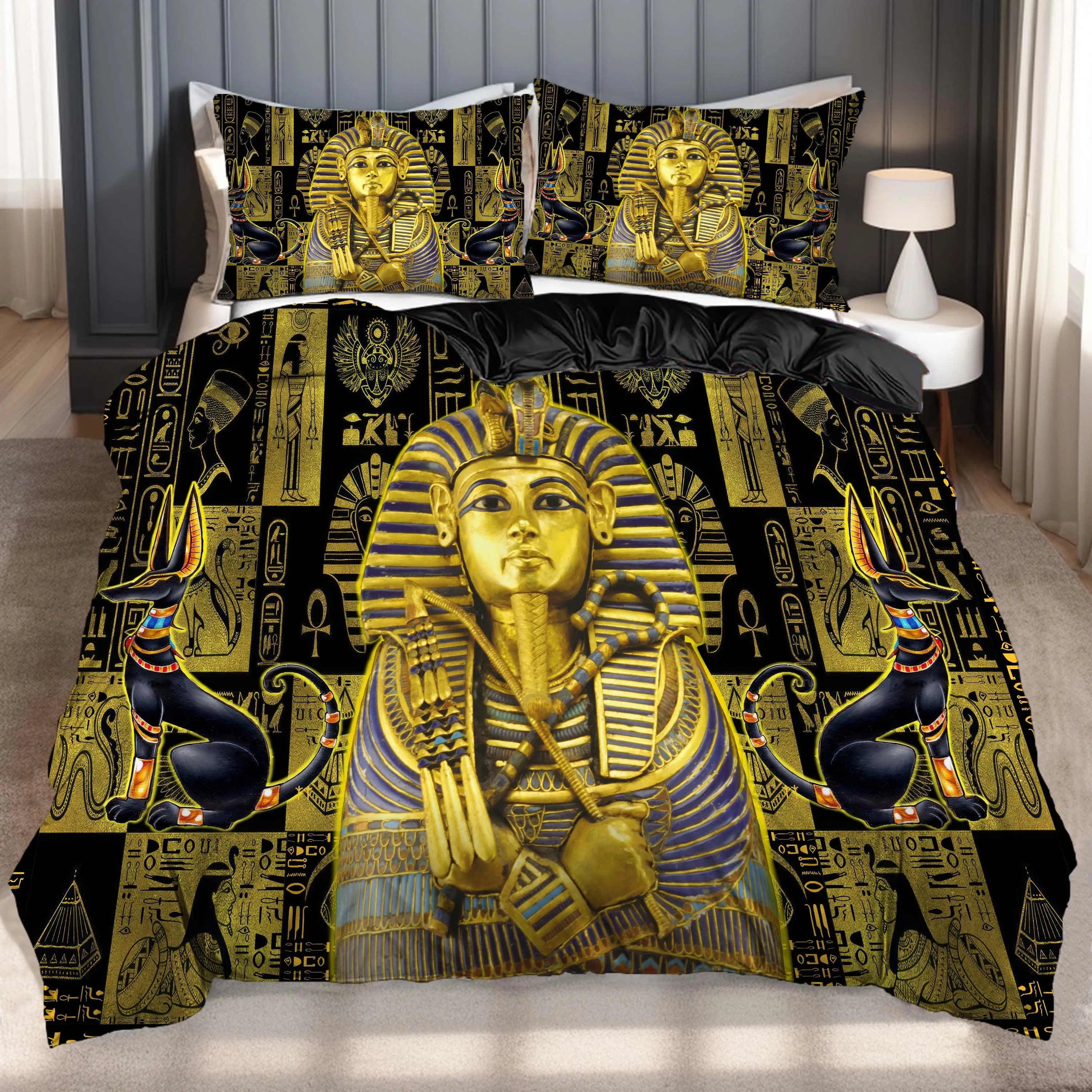 2/3Pcs 3D Retro Egyptian Duvet Cover Set, Black Golden Pharaoh Anubis Print Bedding with Pillowcases for Bedroom Guest
