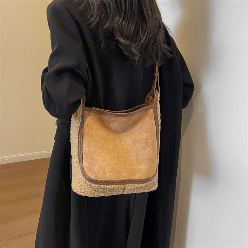2023 New Trend Winter 2 Pcs/set Fashion Women's Simple Big Leather Lambhair Shoulder Bag Ladies Large Capacity Handbags Purse