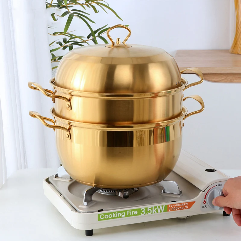 

1 Pcs Steamer Pot Stainless Steel Three layer Thick Gold Steamer Pot Soup Steam Pot Cooking Pots Cooker Gas Stove