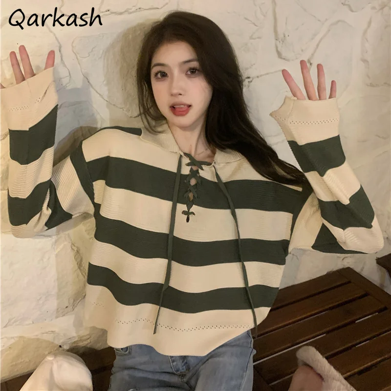 

Striped Bandage Pullovers Women Long Sleeve Knitwear Sweaters Sweet Preppy Style Fashion Korean Harajuku Retro College Females