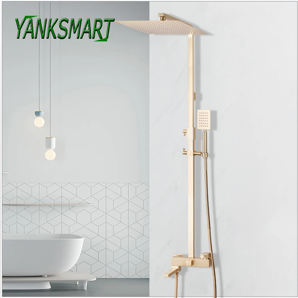 YANKSMART Brushed Gold Bathroom Shower Faucet Set Rainfall 12" Square Head Hand Showers System Wall Mounted Mixer Water Tap