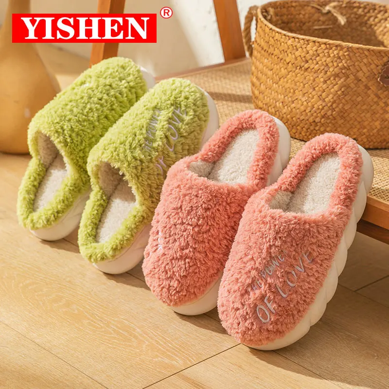 

YISHEN Women Slippers Winter Cotton Shoes Indoor Couple Slippers Chunky Shoes Warm Fleece Platform Slides Zapatillas De Mujer