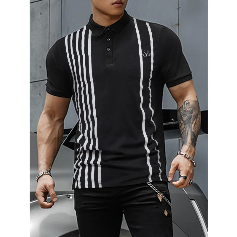 

2023 Summer Men's New Polo Shirt Design striped T-shirts Half Open Neck Short Sleeve Business Casual Breathable High Quality Tee