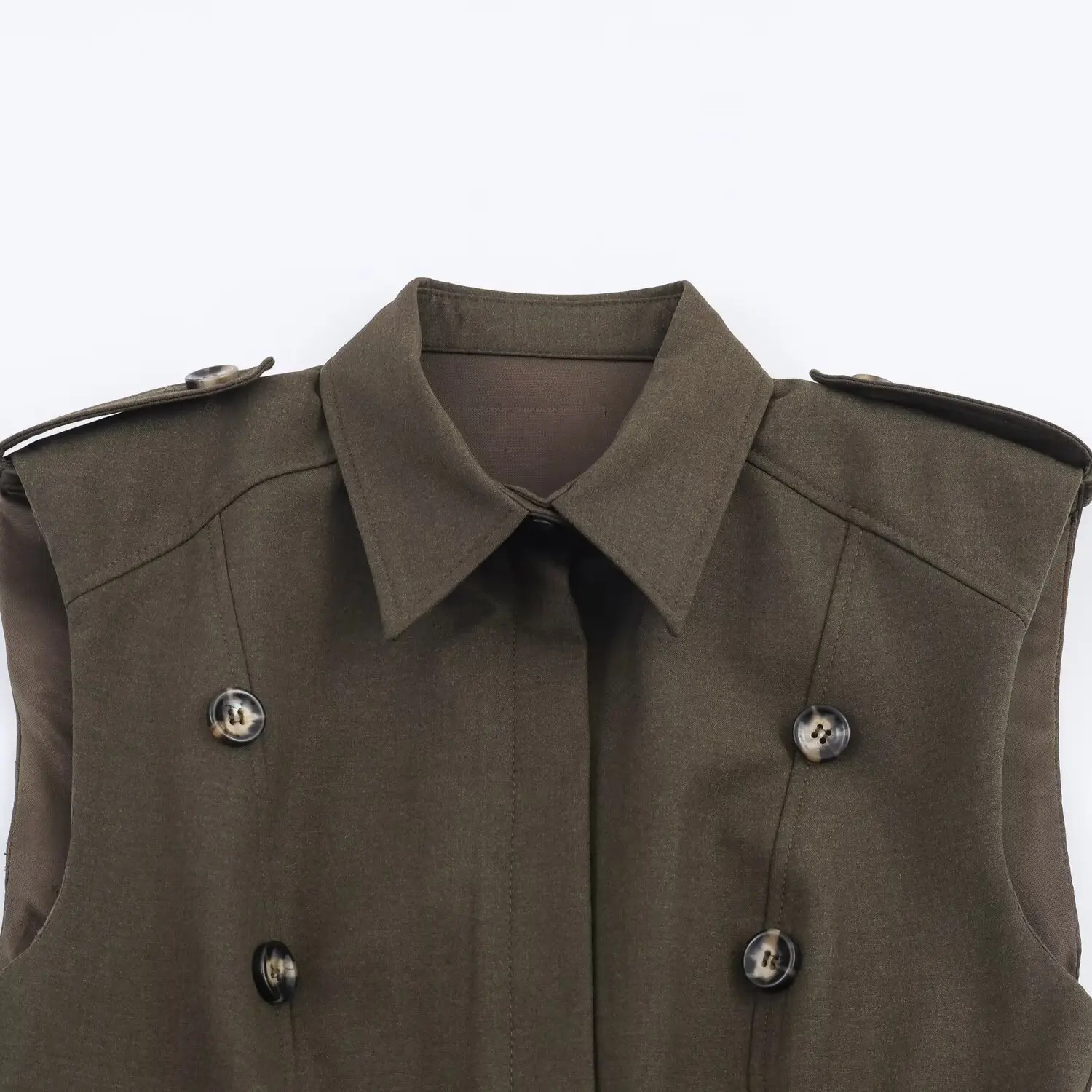Women Military Green Elegant Mini Shirt-Dress With Shoulder Pads Female Sleeveless Button Decoration Casual Slim Fit Short Dress