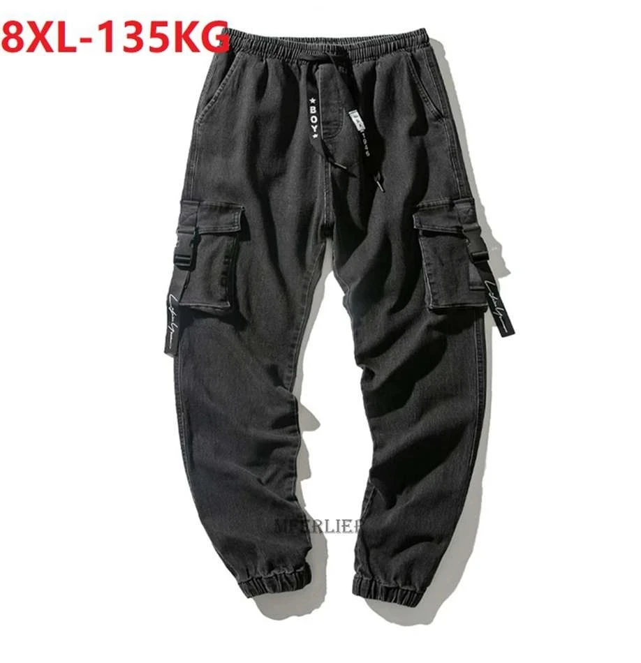 

summer autumn men cargo jeans pockets plus size 7XL 8XL high street fashion letter loose elasticity skateboar pants hipster 48