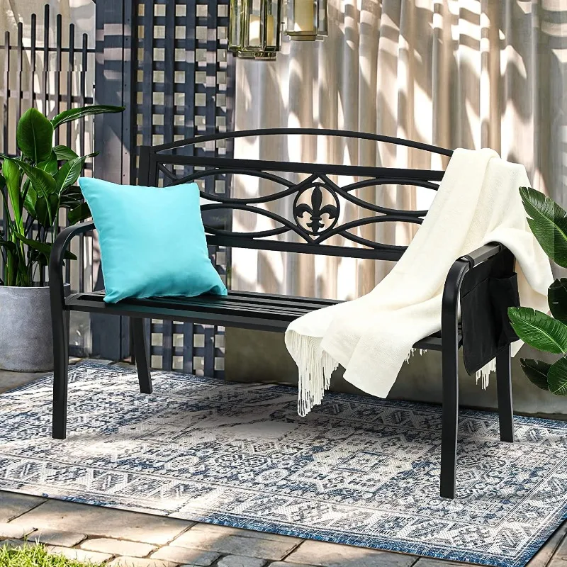 

Outdoor Bench 50" Metal Bench with Cloth Storage Bag Spear Pattern Patio Bench with Backrest and Armrest for Porch Lawn Balcony
