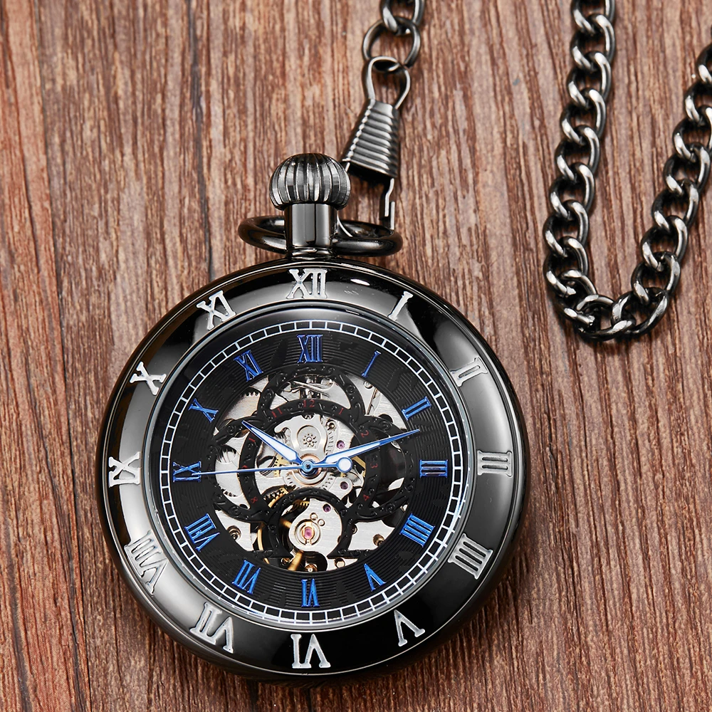 Skeleton Mechanical Pocket Watch Round Black Roman Dial Tonneau Clock Steampunk FOB Chain Men Box Women Pendant reloj hombre