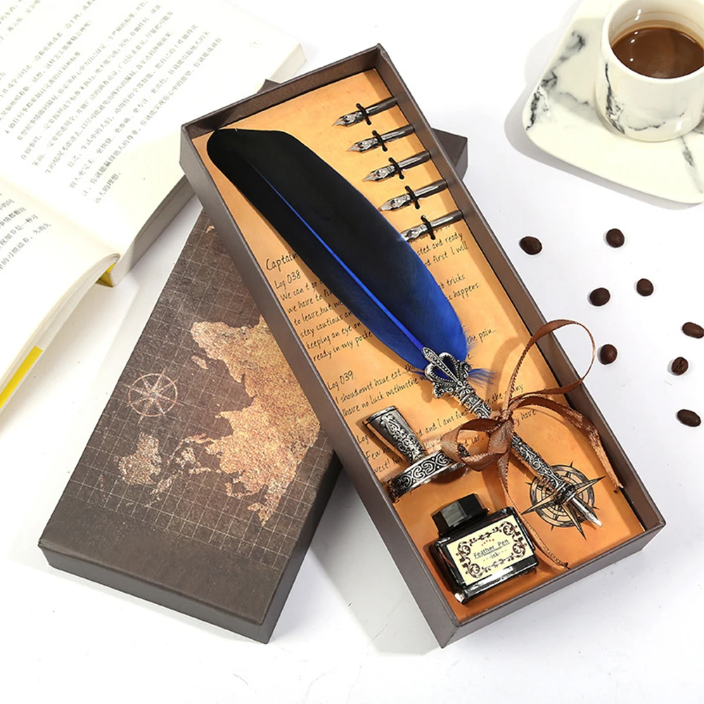 Vintage Calligraphy Feather Dip Pen Set with Ink - Creative Retro Writing Stationery