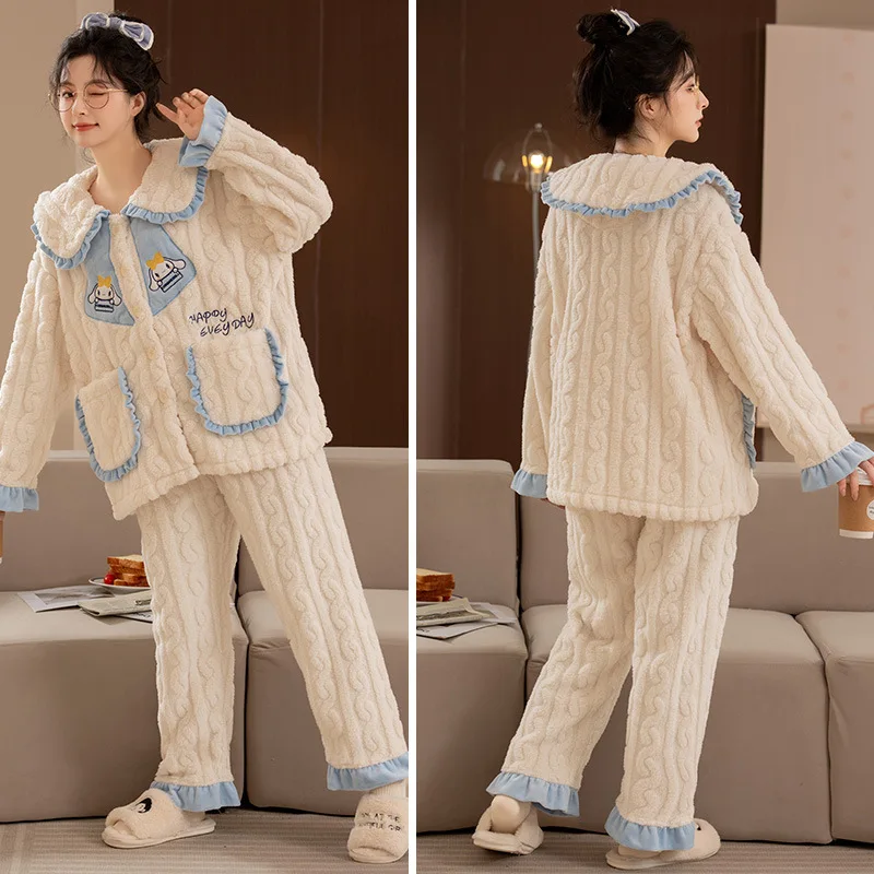 Sanrio Cute Cartoon Cinnamoroll Plush Pajama Suit Anime Homewear Nightwear Autumn Winter Girl Kawaii Warm Coral Fleece Sleepwear