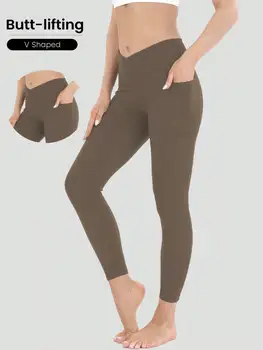 Women's V-Shaped Cross Waistband Design High Waisted Pocket Yoga Pants, Women's Sports Leggings, Soft And High Elasticity Pocket 1