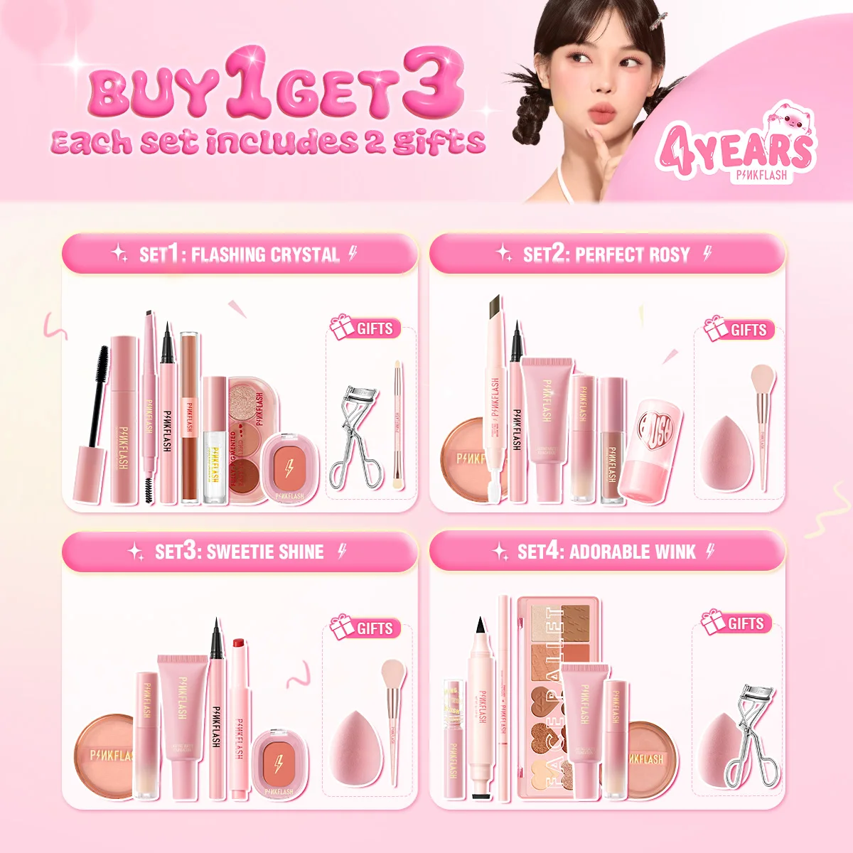 PINKFLASH 4th Anniversary Makeup Set Include Liquid Foundation Face Concealer Matte Lipstick Black Mascara Eyeliner Cosmetic Kit 6