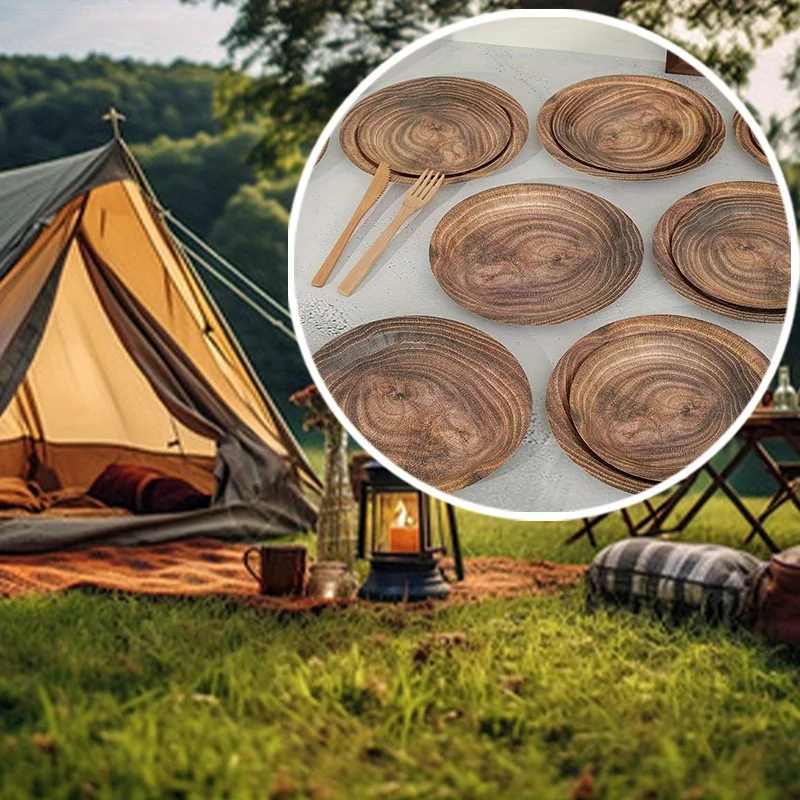 10pcs/Set Retro Imitation Wood Grain Disposable Dining Plate, Wood Grain Decorative Paper Plate Set