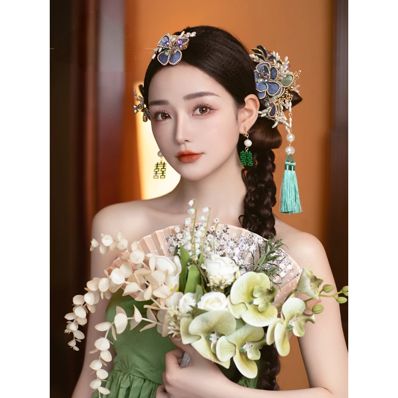 

Chinese Tiara Blue Hair Jewelry Women's Vintage Hanfu Flower Hairpin Headwear