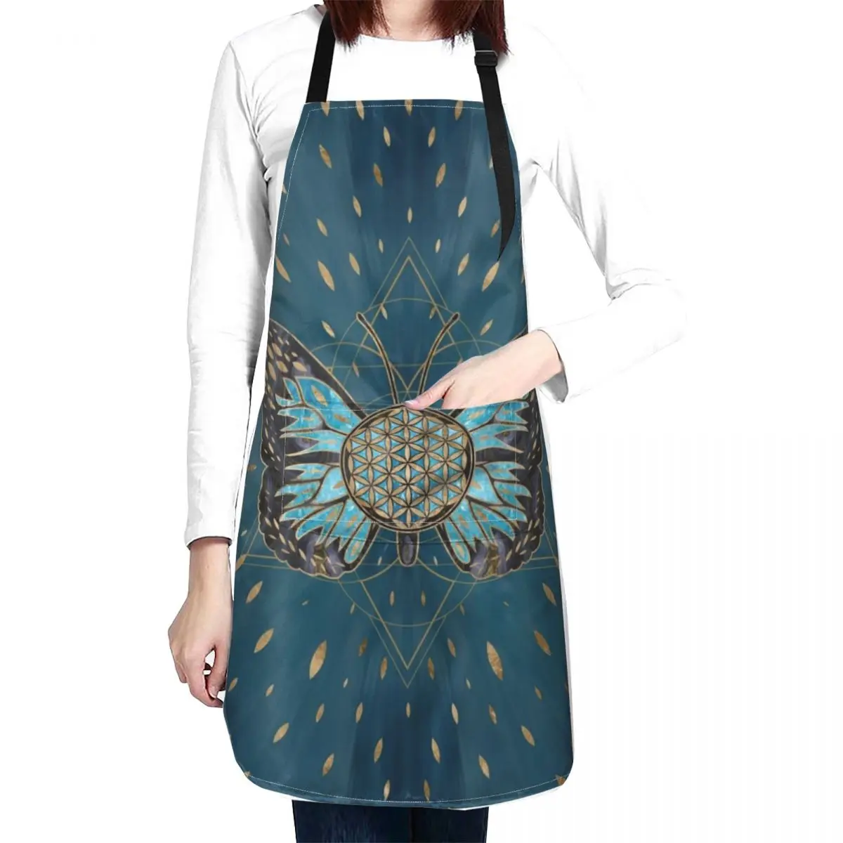 

Flower of Life Butterfly - Blue Gemstone and gold Apron Christmas kitchen Aprons For Women Kitchens Accessories Apron bib