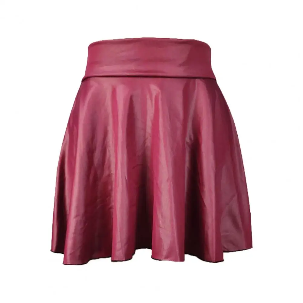 

Soft Mini Skirt High Waist Faux Leather A-line Mini Skirt for Women Solid Color Pleated Club Skirt with Elastic Waistband Above