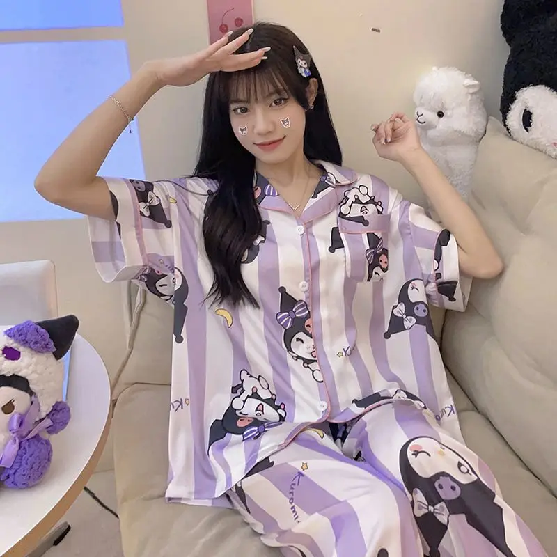 Kawaii Anime Disney Leite Silk Pijamas Primavera Sleepwear Feminino Terno  Meninas Bonito Manga Curta Roupa de Noite de Verão Home